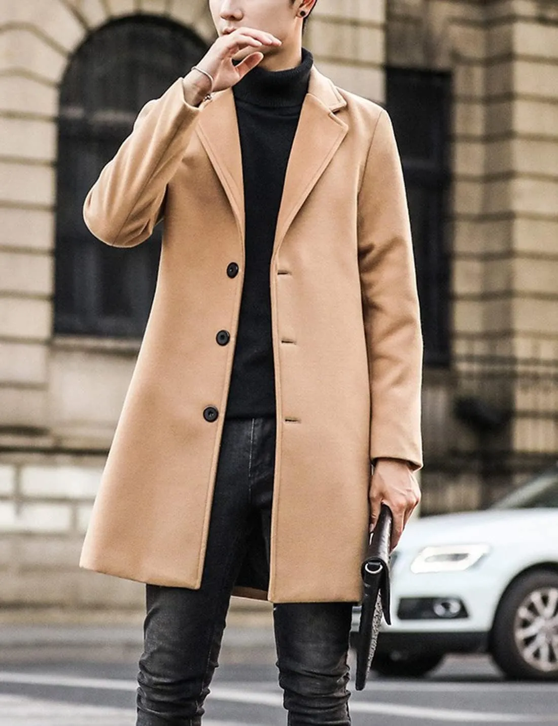 Springrain Men's Wool Blend Pea Coat Notched Collar Single Breasted Overcoat Warm Winter Trench Coat