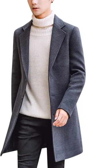 Springrain Men's Wool Blend Pea Coat Notched Collar Single Breasted Overcoat Warm Winter Trench Coat
