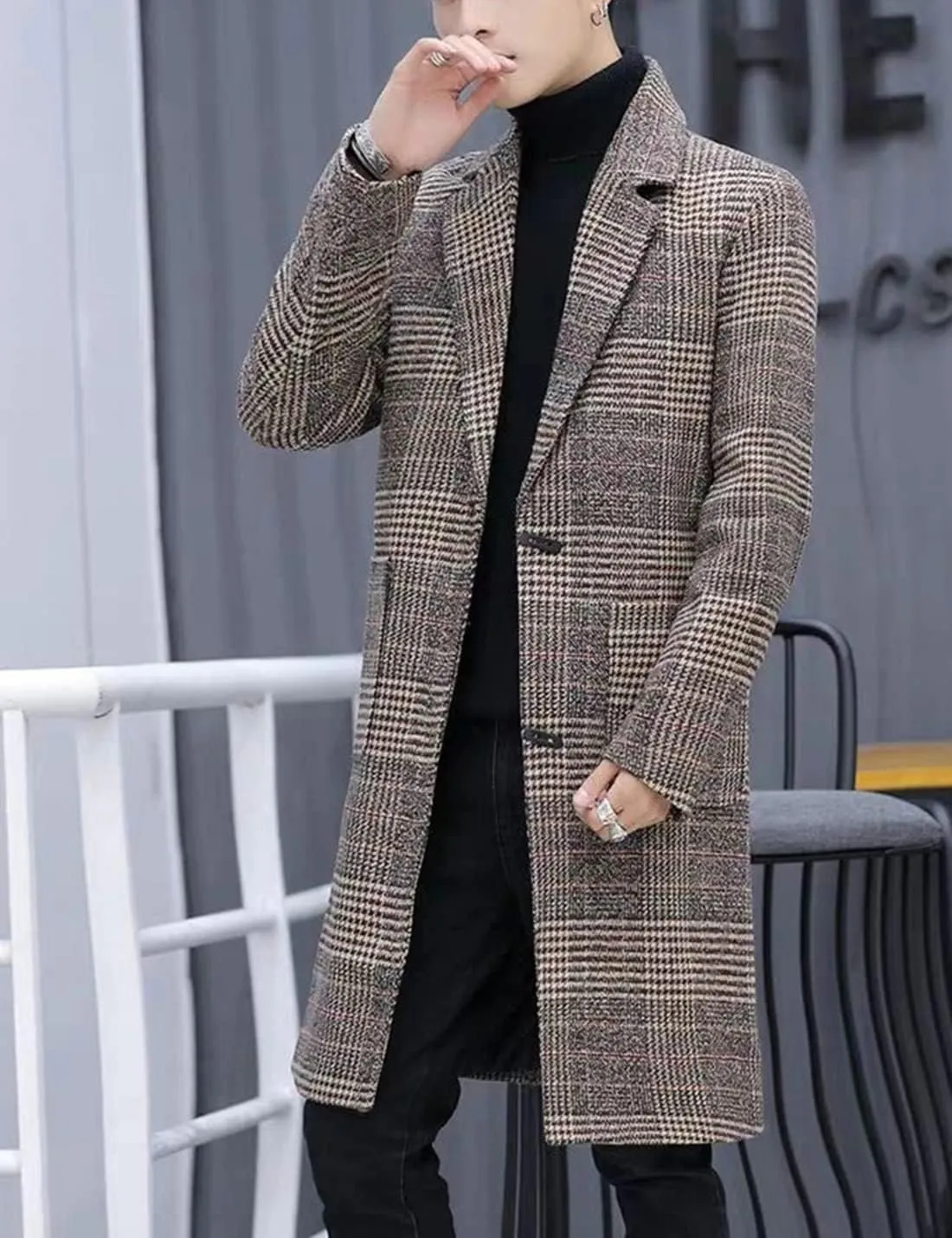 Springrain Men's Wool Blend Pea Coat Notched Collar Single Breasted Overcoat Warm Winter Trench Coat
