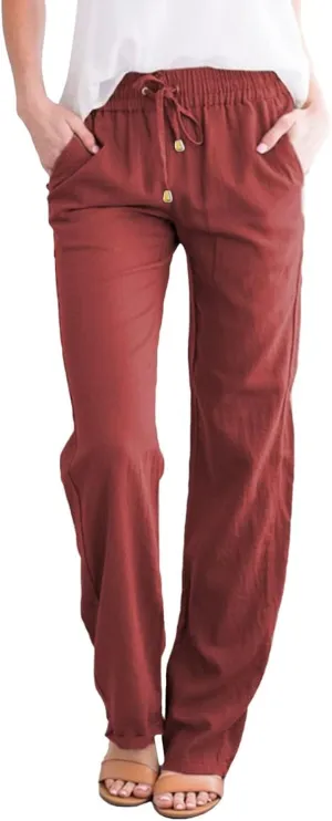 Straight Leg Cotton Linen Pants for Women Summer Casual Pants Boho Beach Pants High Waisted Lounge Pants with Pockets