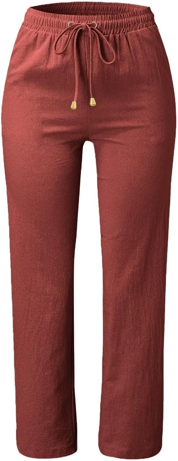 Straight Leg Cotton Linen Pants for Women Summer Casual Pants Boho Beach Pants High Waisted Lounge Pants with Pockets