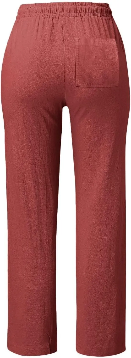 Straight Leg Cotton Linen Pants for Women Summer Casual Pants Boho Beach Pants High Waisted Lounge Pants with Pockets