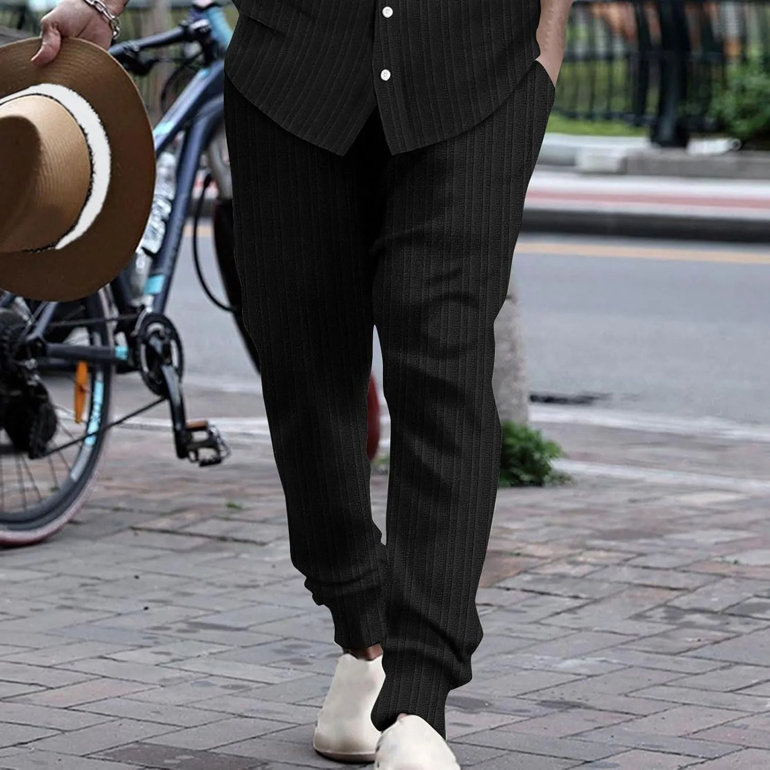 Striped Dress Pants Men Slim Fit Elastic Waist Lounge Pants Plus Size Summer Lightweight Trousers Casual Comfy Pants