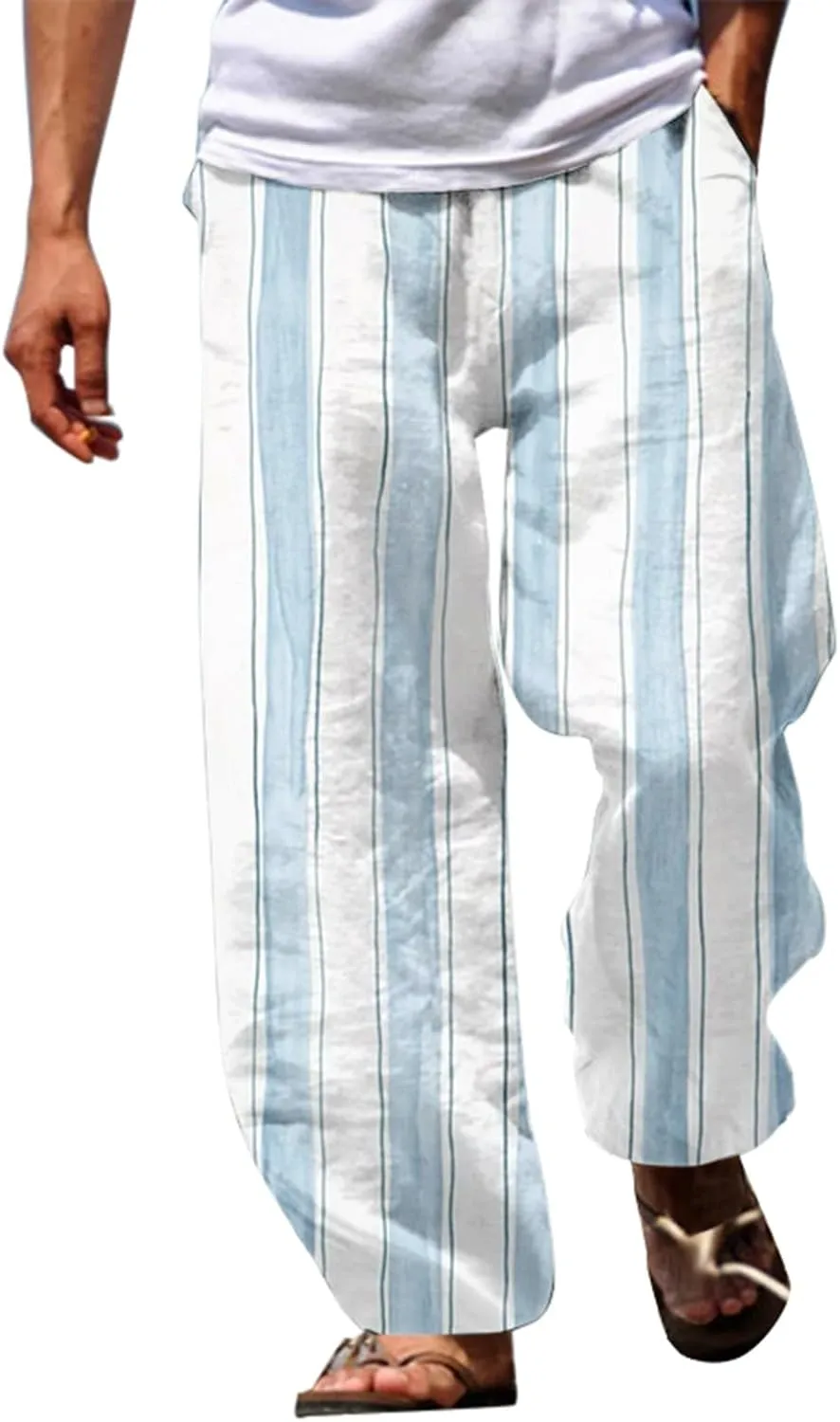 Striped Linen Pants for Men Straight Legs Elastic Waist Drawstring Long Pants Lightweight Breathable Beach Trousers