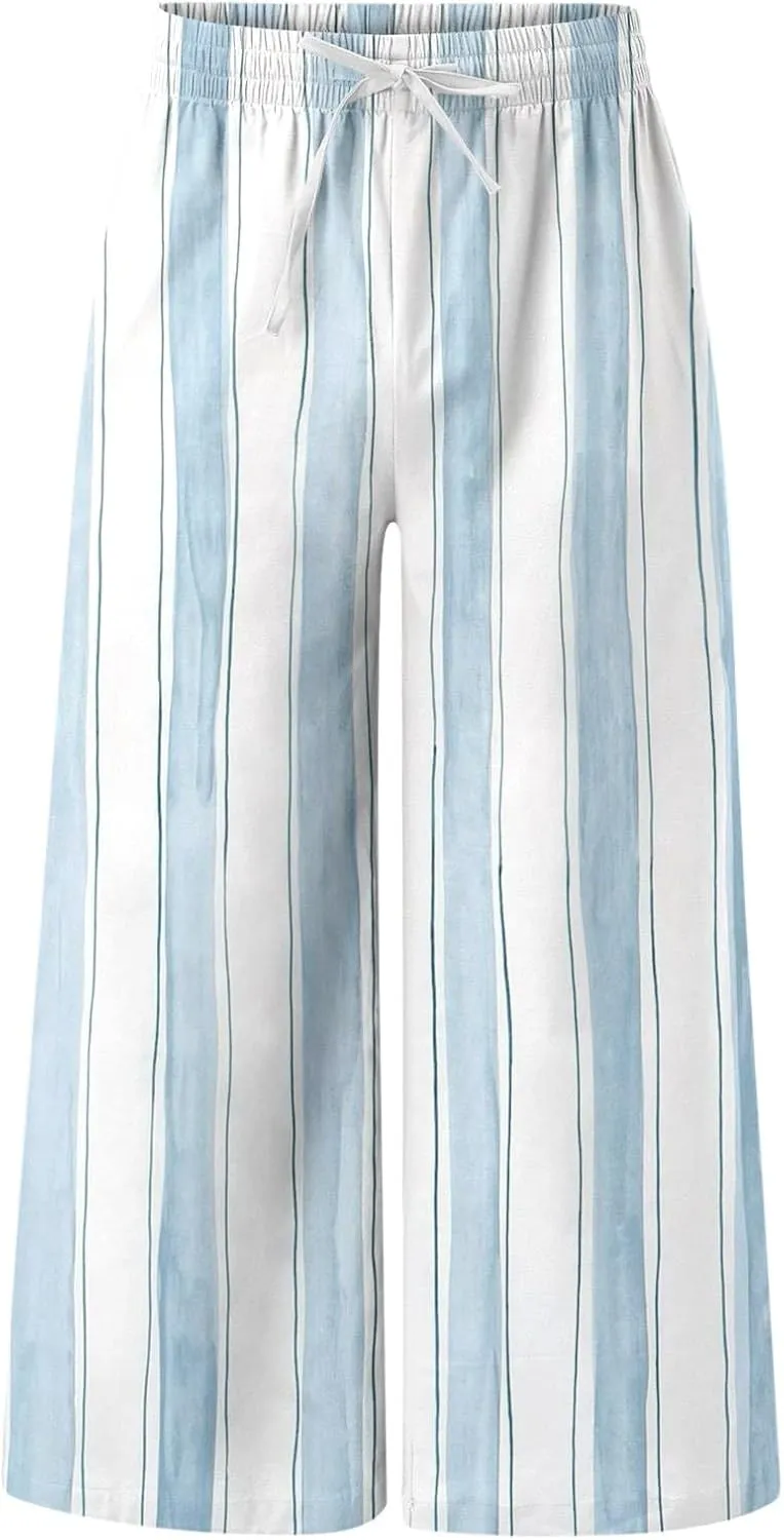 Striped Linen Pants for Men Straight Legs Elastic Waist Drawstring Long Pants Lightweight Breathable Beach Trousers