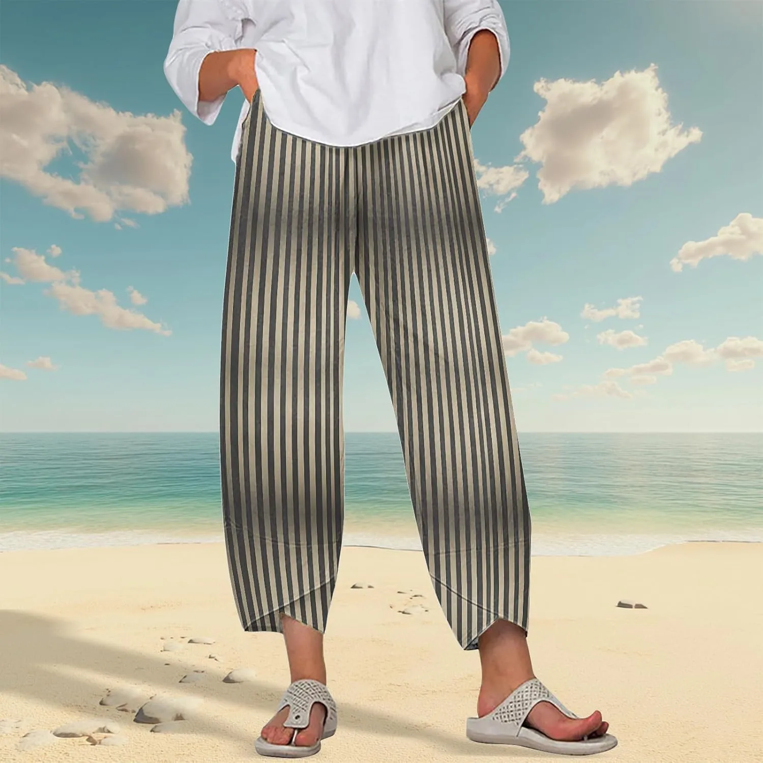 Striped Linen Pants for Women Summer Wide Leg Cropped Palazzo Trousers Casual Comfy Capri Baggy Pants with Pockets