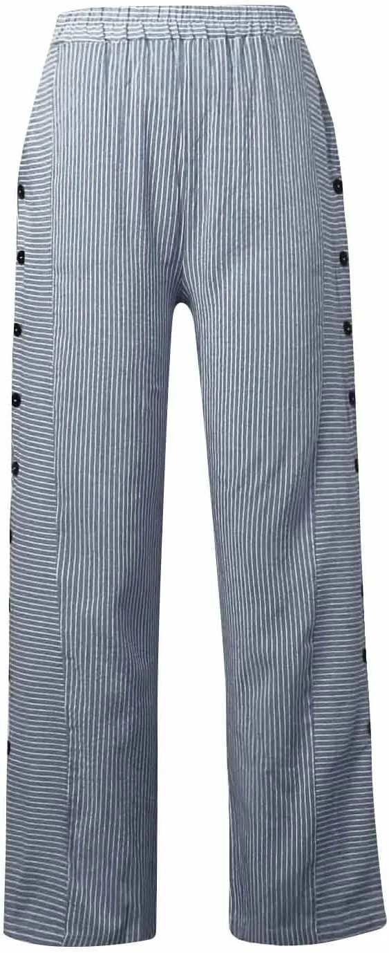 Striped Linen Pants Women Elastic Waist Casual Pants with Pockets Side Button Straight Leg Trousers Vacation Beach Pants