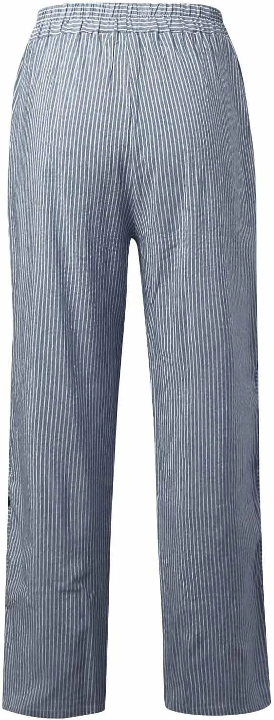 Striped Linen Pants Women Elastic Waist Casual Pants with Pockets Side Button Straight Leg Trousers Vacation Beach Pants