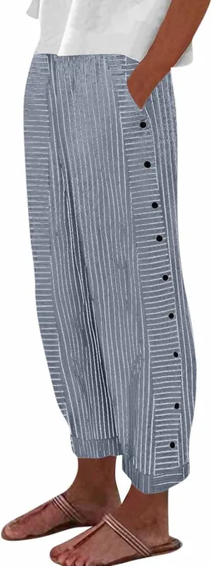 Striped Linen Pants Women Elastic Waist Casual Pants with Pockets Side Button Straight Leg Trousers Vacation Beach Pants