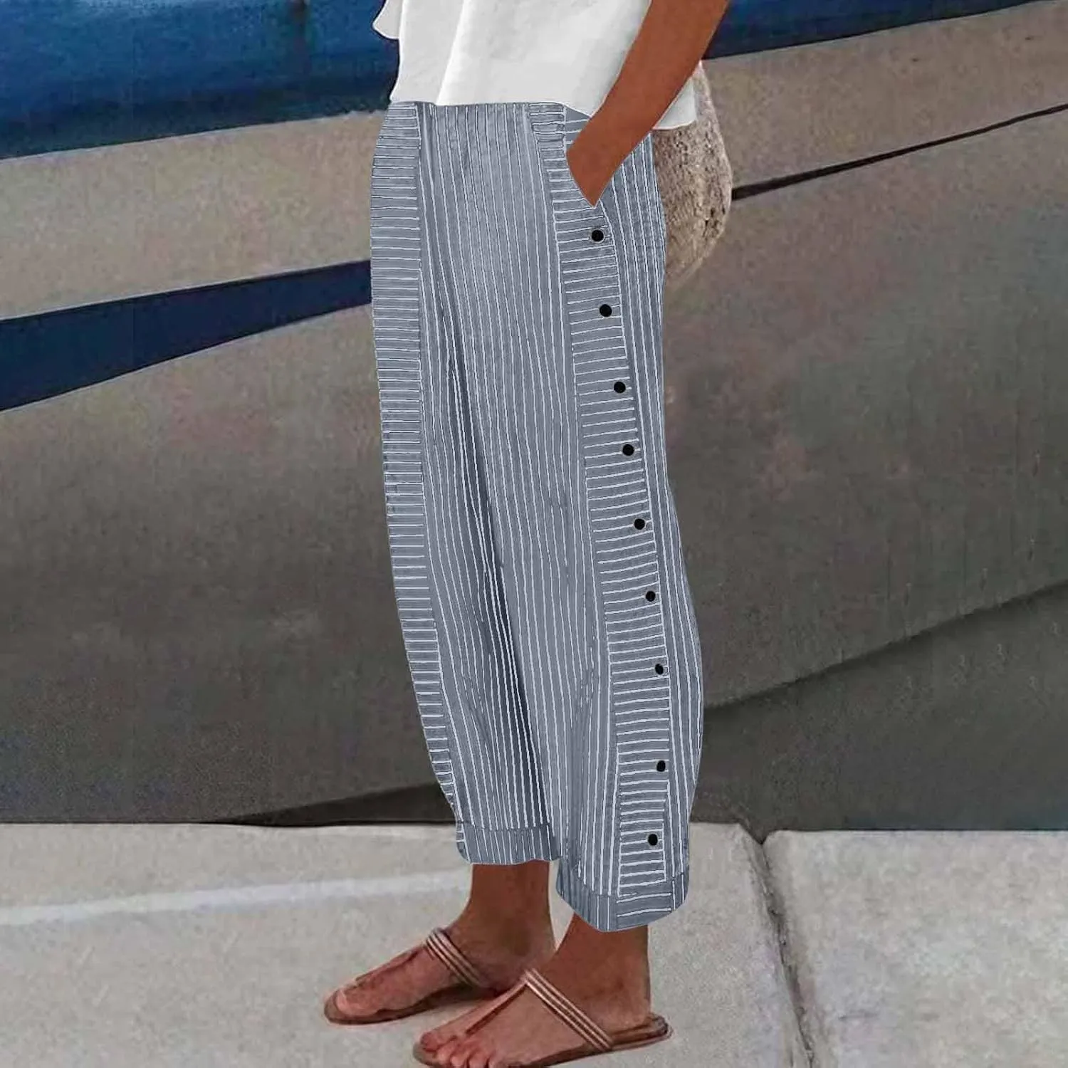 Striped Linen Pants Women Elastic Waist Casual Pants with Pockets Side Button Straight Leg Trousers Vacation Beach Pants