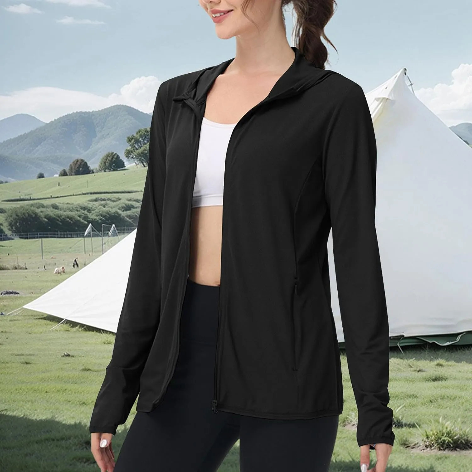 Sun Protection Shirts for Women UPF 50  SPF UV Long Sleeve Zip Up Hoodies Summer Outdoor Hiking Cooling Athletic Jackets