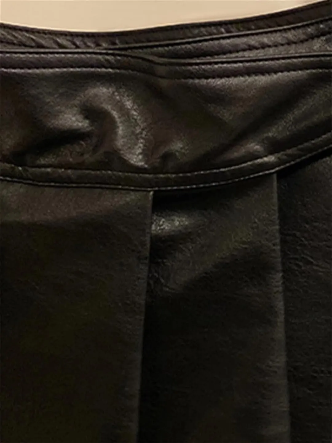 Suwequest Autumn High Waisted Pleated Black Soft Faux Leather Midi Skirt A Line Long Skirts for Women