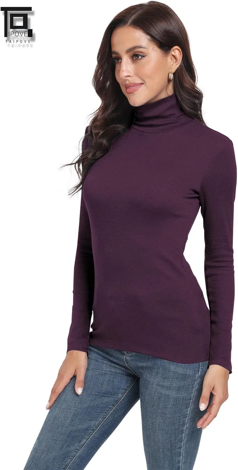 TAIPOVE Ribbed Knit Turtlenecks Shirts Women Cotton Turtle Neck Tops Long Sleeve Thermal Undershirt Slim Basic Pullover 2PKS