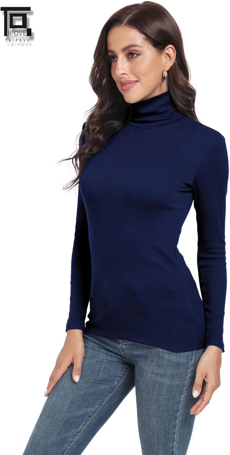 TAIPOVE Ribbed Knit Turtlenecks Shirts Women Cotton Turtle Neck Tops Long Sleeve Thermal Undershirt Slim Basic Pullover 2PKS