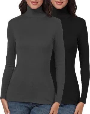 TAIPOVE Ribbed Knit Turtlenecks Shirts Women Cotton Turtle Neck Tops Long Sleeve Thermal Undershirt Slim Basic Pullover 2PKS