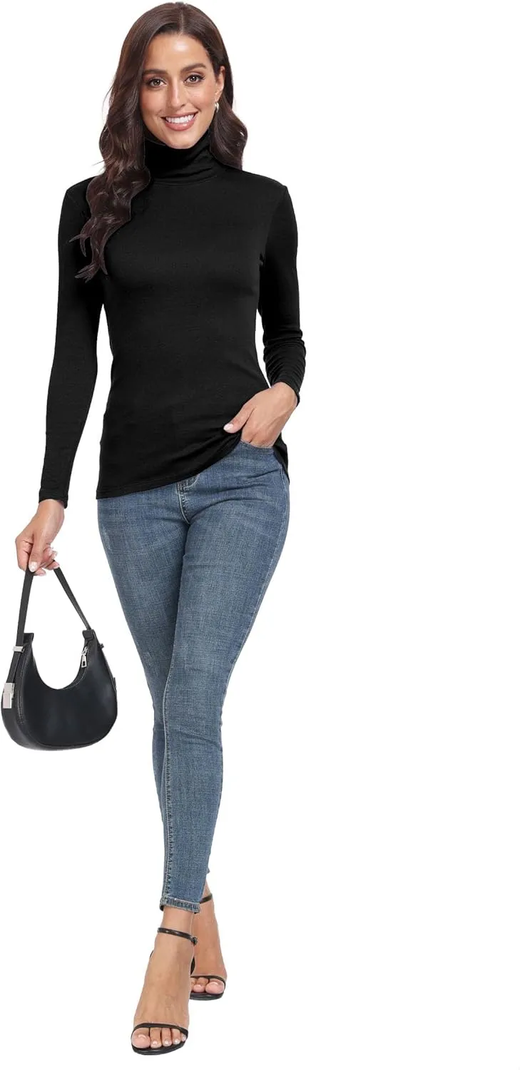 TAIPOVE Ribbed Knit Turtlenecks Shirts Women Cotton Turtle Neck Tops Long Sleeve Thermal Undershirt Slim Basic Pullover 2PKS