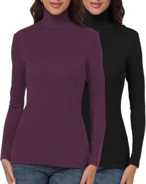 TAIPOVE Ribbed Knit Turtlenecks Shirts Women Cotton Turtle Neck Tops Long Sleeve Thermal Undershirt Slim Basic Pullover 2PKS