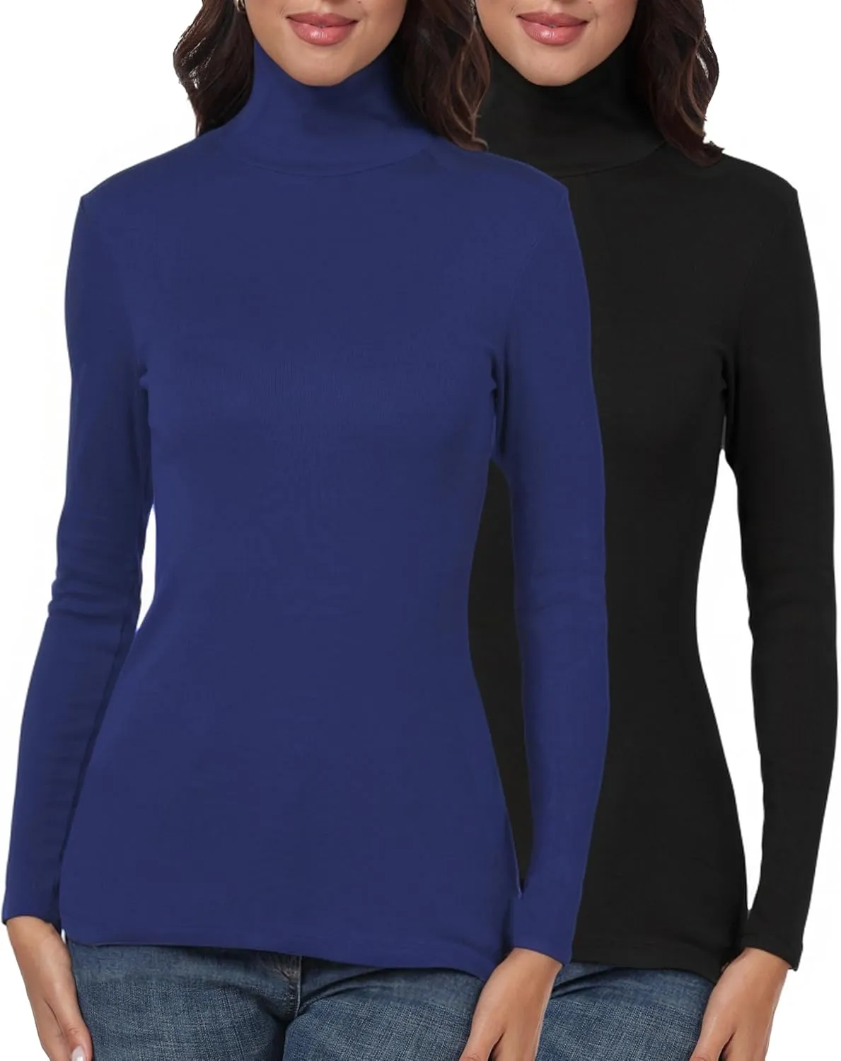 TAIPOVE Ribbed Knit Turtlenecks Shirts Women Cotton Turtle Neck Tops Long Sleeve Thermal Undershirt Slim Basic Pullover 2PKS