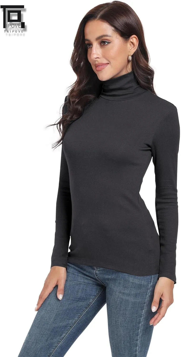 TAIPOVE Ribbed Knit Turtlenecks Shirts Women Cotton Turtle Neck Tops Long Sleeve Thermal Undershirt Slim Basic Pullover 2PKS