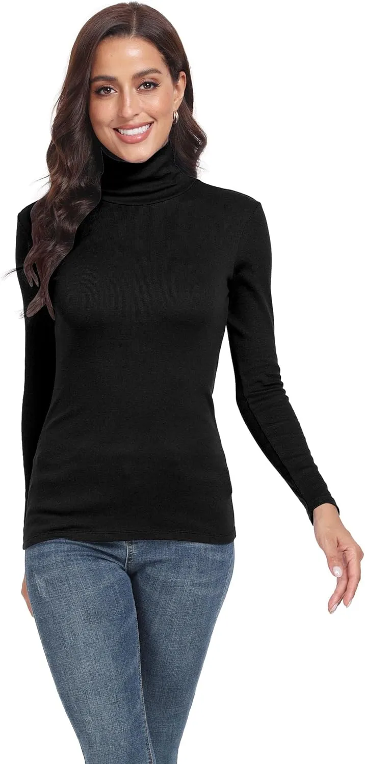 TAIPOVE Ribbed Knit Turtlenecks Shirts Women Cotton Turtle Neck Tops Long Sleeve Thermal Undershirt Slim Basic Pullover 2PKS