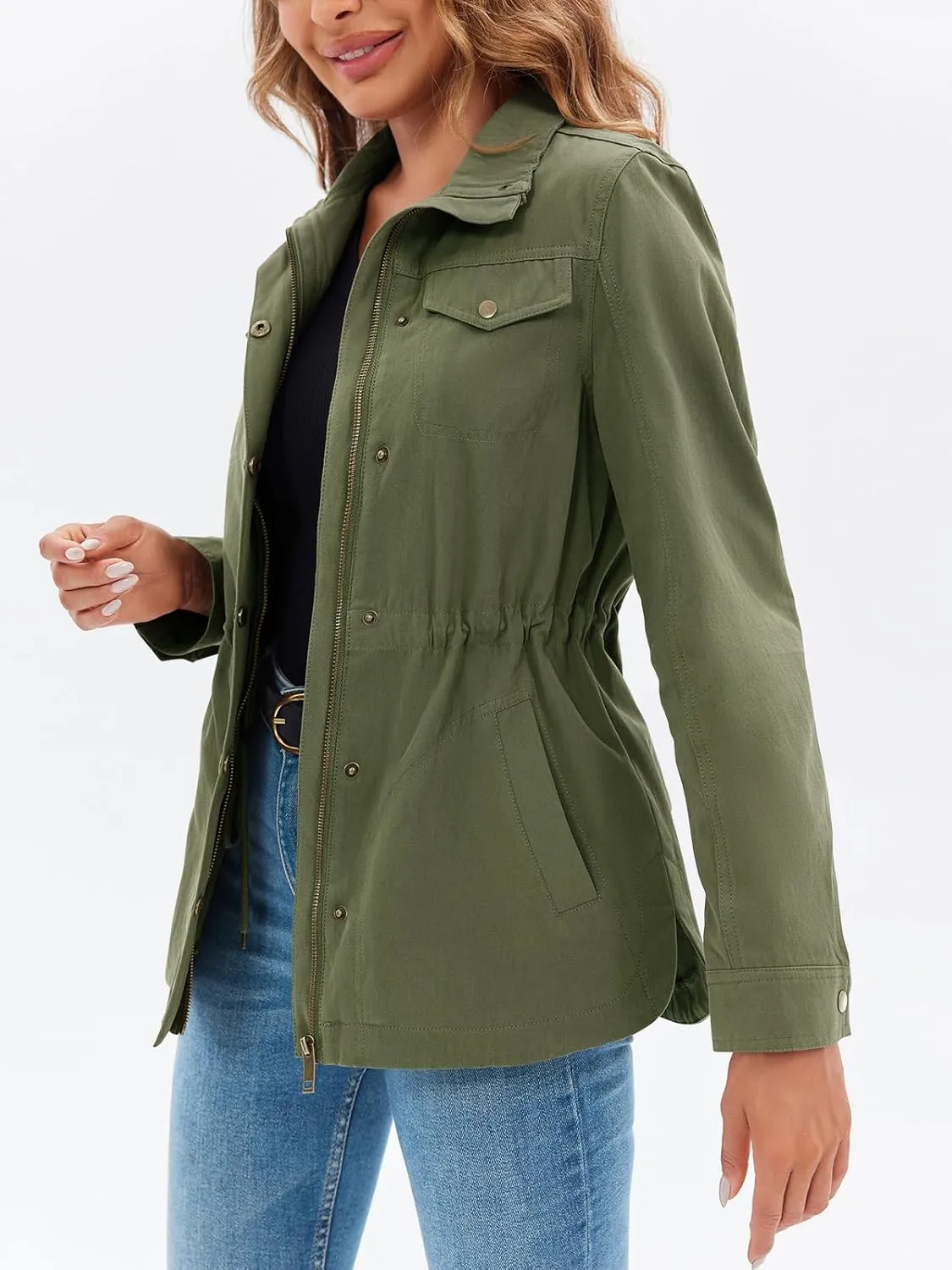 Tankaneo Womens Military Anorak Jacket Lightweight Zip Up Snap Buttons Utility Coat Outerwear