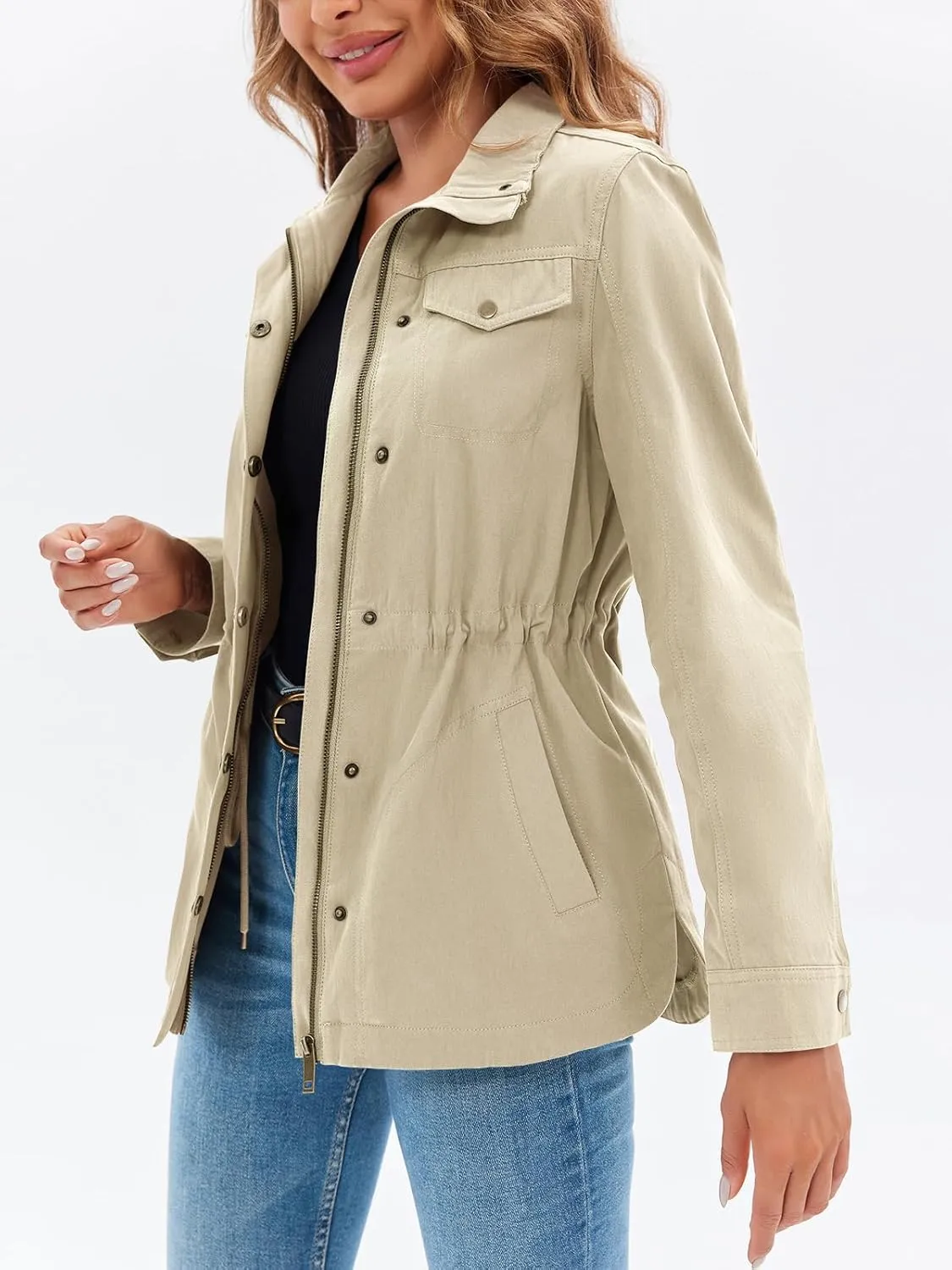 Tankaneo Womens Military Anorak Jacket Lightweight Zip Up Snap Buttons Utility Coat Outerwear