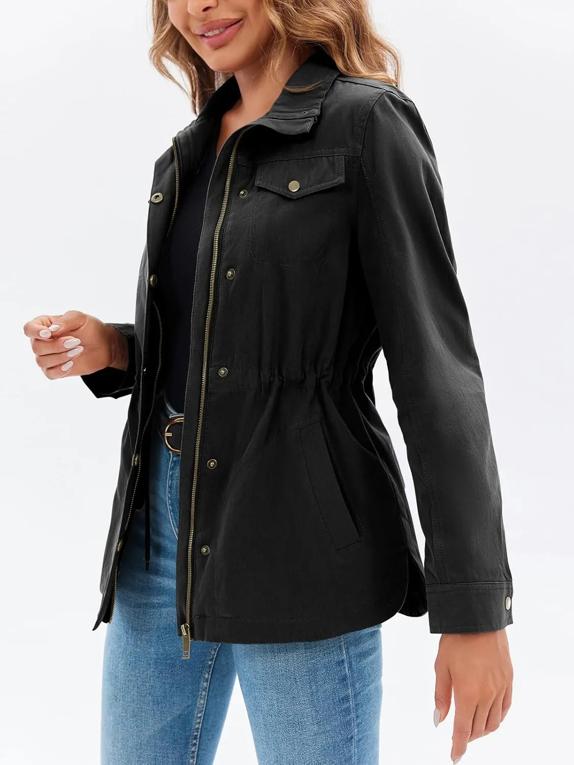 Tankaneo Womens Military Anorak Jacket Lightweight Zip Up Snap Buttons Utility Coat Outerwear