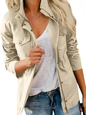 Tankaneo Womens Military Anorak Jacket Lightweight Zip Up Snap Buttons Utility Coat Outerwear