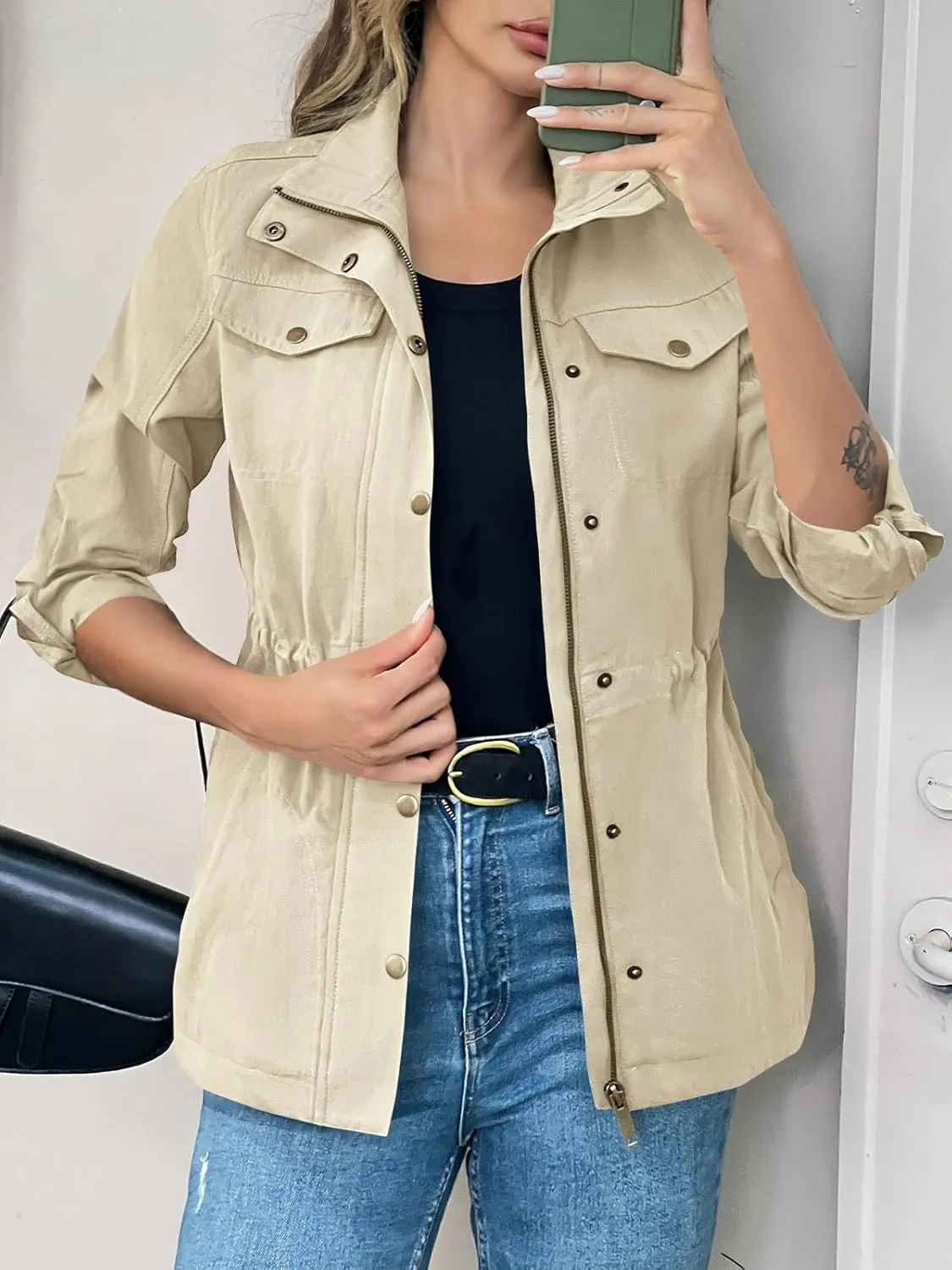 Tankaneo Womens Military Anorak Jacket Lightweight Zip Up Snap Buttons Utility Coat Outerwear