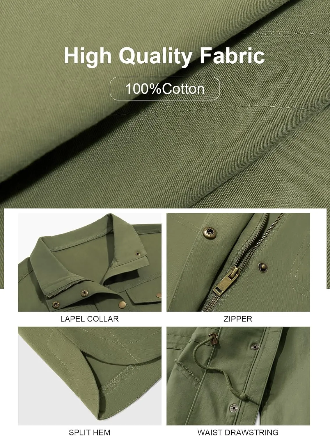 Tankaneo Womens Military Anorak Jacket Lightweight Zip Up Snap Buttons Utility Coat Outerwear