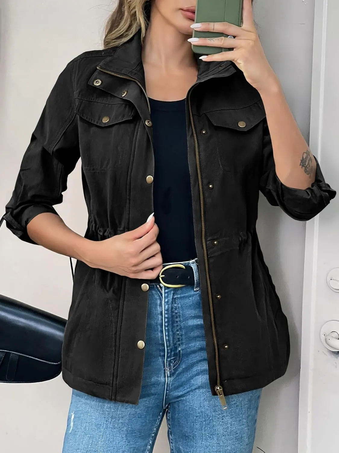 Tankaneo Womens Military Anorak Jacket Lightweight Zip Up Snap Buttons Utility Coat Outerwear