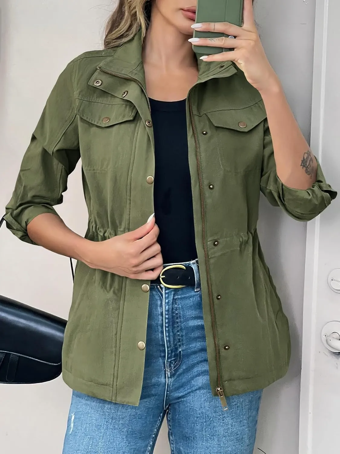 Tankaneo Womens Military Anorak Jacket Lightweight Zip Up Snap Buttons Utility Coat Outerwear