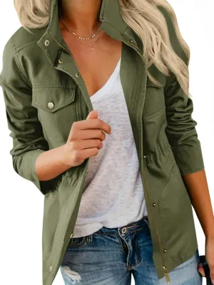 Tankaneo Womens Military Anorak Jacket Lightweight Zip Up Snap Buttons Utility Coat Outerwear