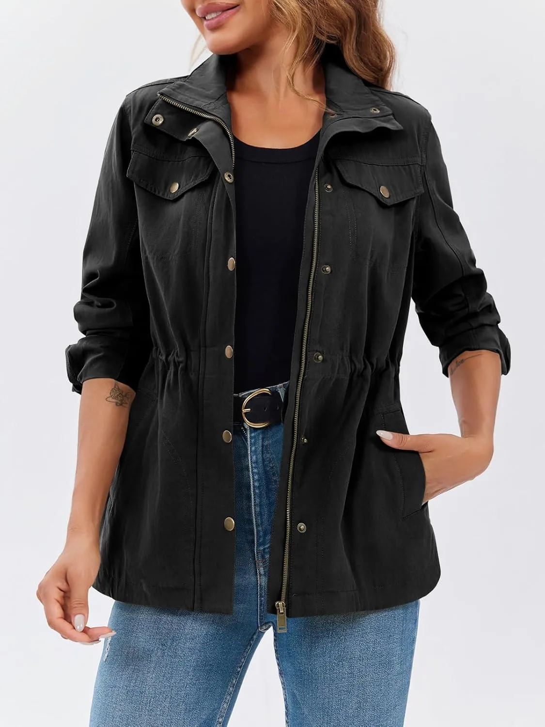 Tankaneo Womens Military Anorak Jacket Lightweight Zip Up Snap Buttons Utility Coat Outerwear