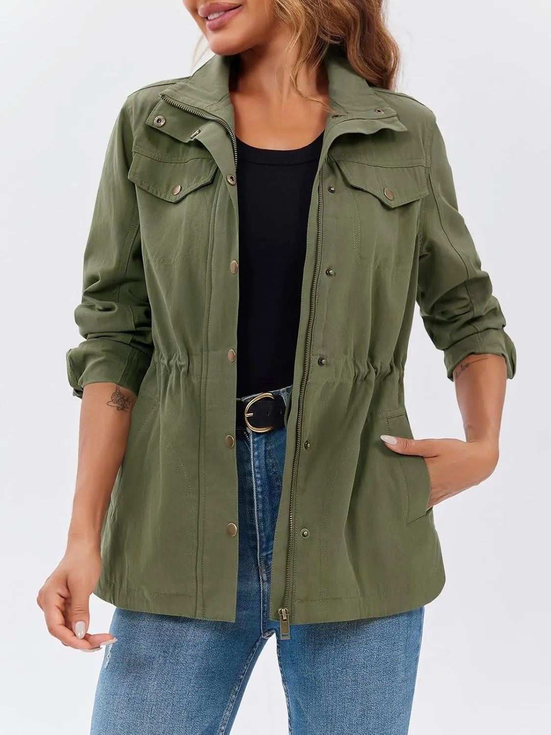 Tankaneo Womens Military Anorak Jacket Lightweight Zip Up Snap Buttons Utility Coat Outerwear