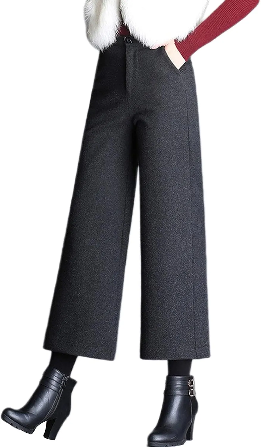 Tanming Women's Casual High Waist Trousers Wool Blend Cropped Wide Leg Pants