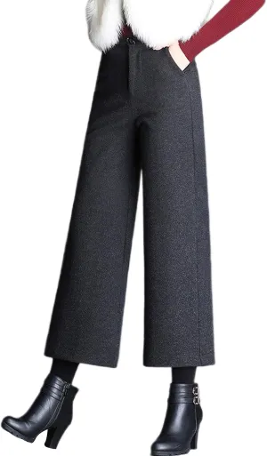 Tanming Women's Casual High Waist Trousers Wool Blend Cropped Wide Leg Pants