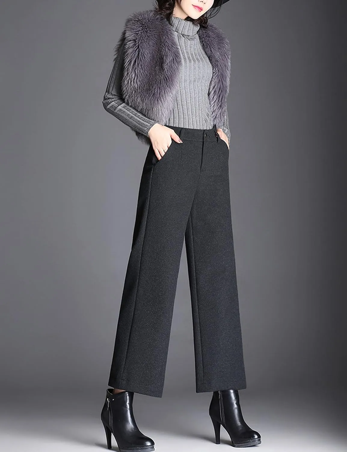 Tanming Women's Casual High Waist Trousers Wool Blend Cropped Wide Leg Pants