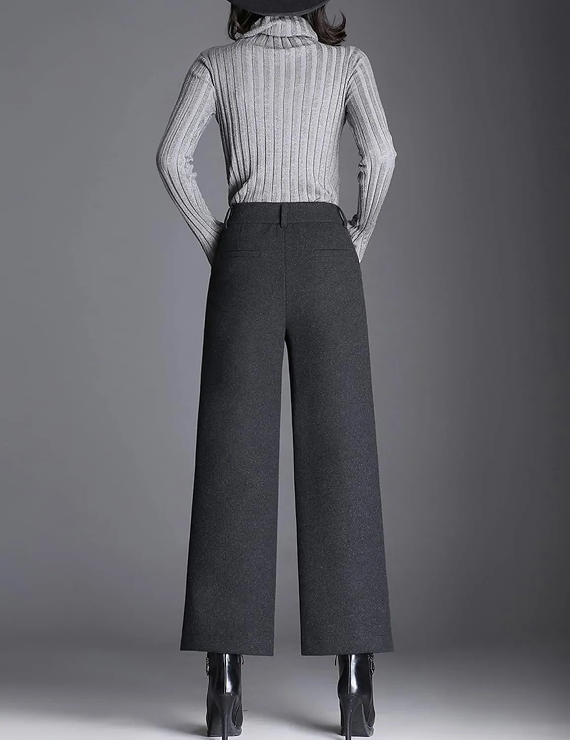Tanming Women's Casual High Waist Trousers Wool Blend Cropped Wide Leg Pants