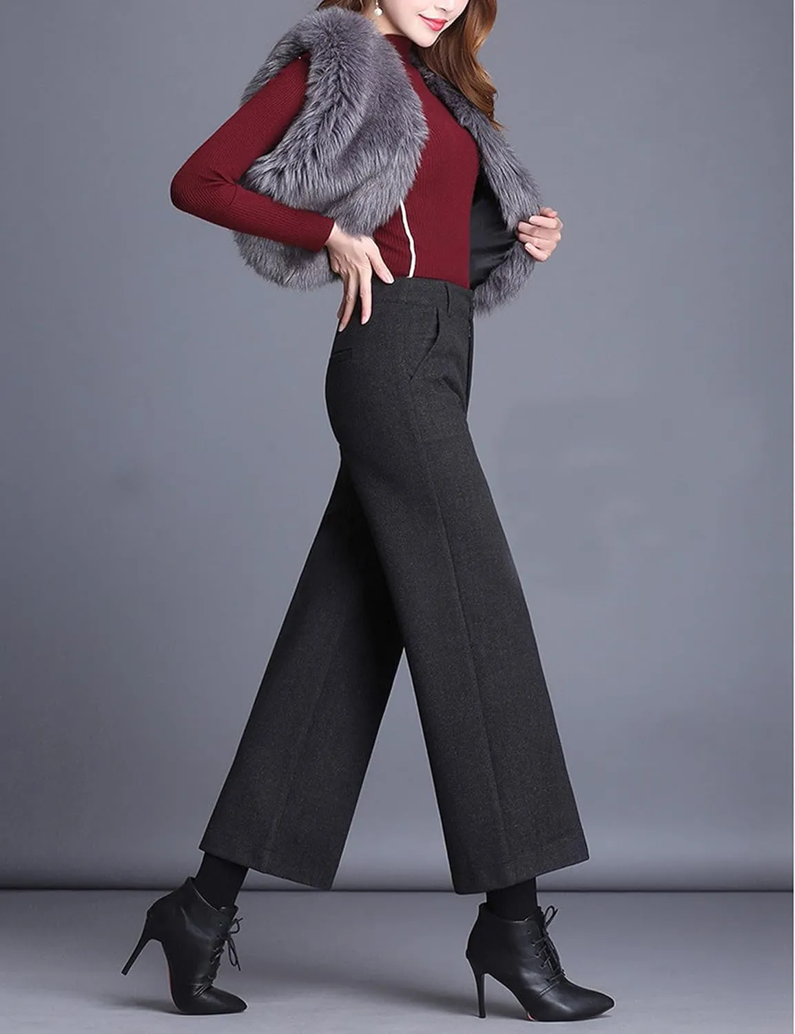 Tanming Women's Casual High Waist Trousers Wool Blend Cropped Wide Leg Pants