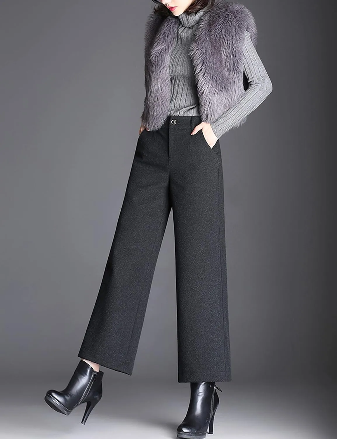 Tanming Women's Casual High Waist Trousers Wool Blend Cropped Wide Leg Pants