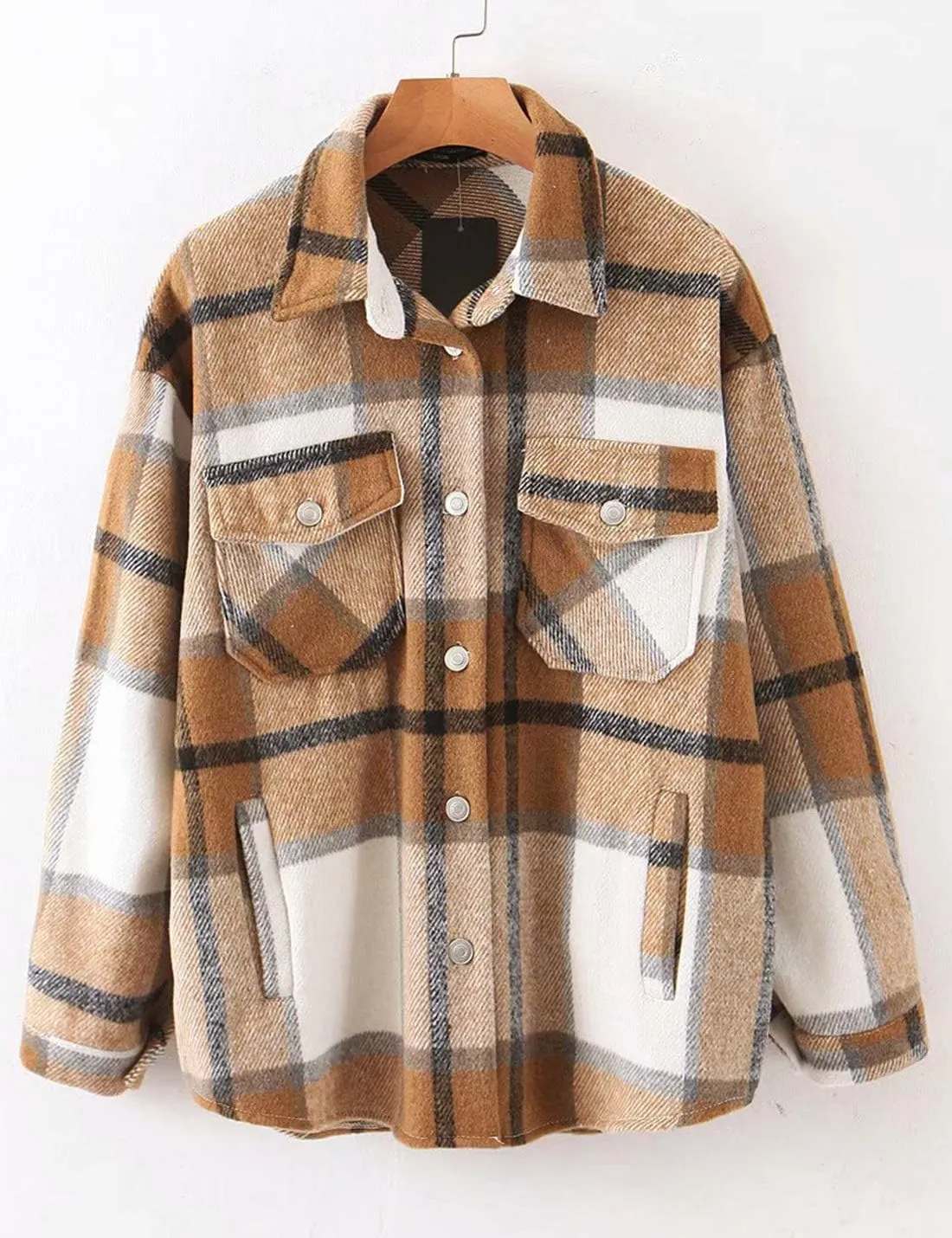 Tanming Womens Flannel Plaid Shacket Wool Blend Button Down Shirt Fall Fashion Jacket