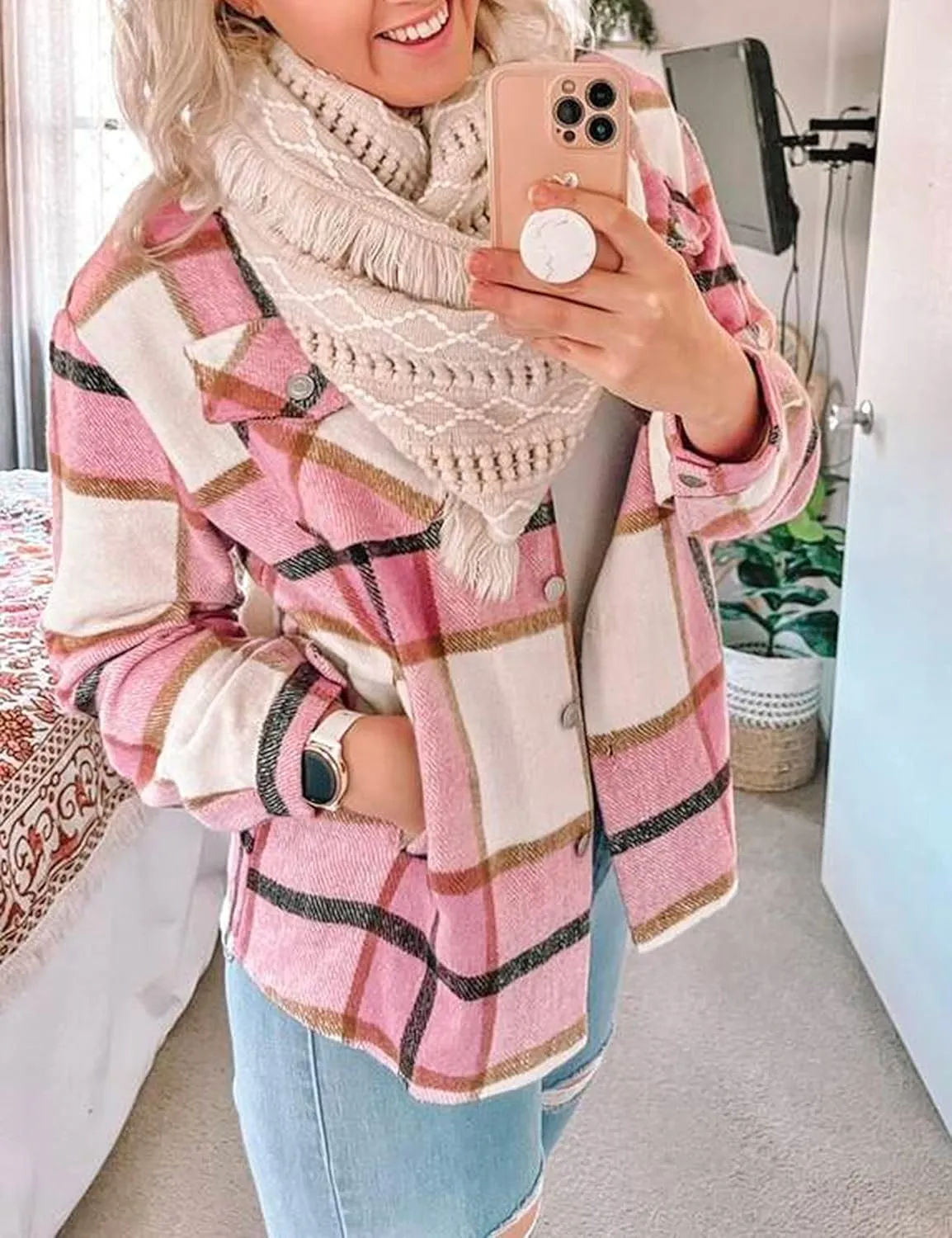 Tanming Womens Flannel Plaid Shacket Wool Blend Button Down Shirt Fall Fashion Jacket