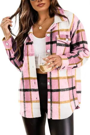 Tanming Womens Flannel Plaid Shacket Wool Blend Button Down Shirt Fall Fashion Jacket