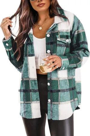 Tanming Womens Flannel Plaid Shacket Wool Blend Button Down Shirt Fall Fashion Jacket