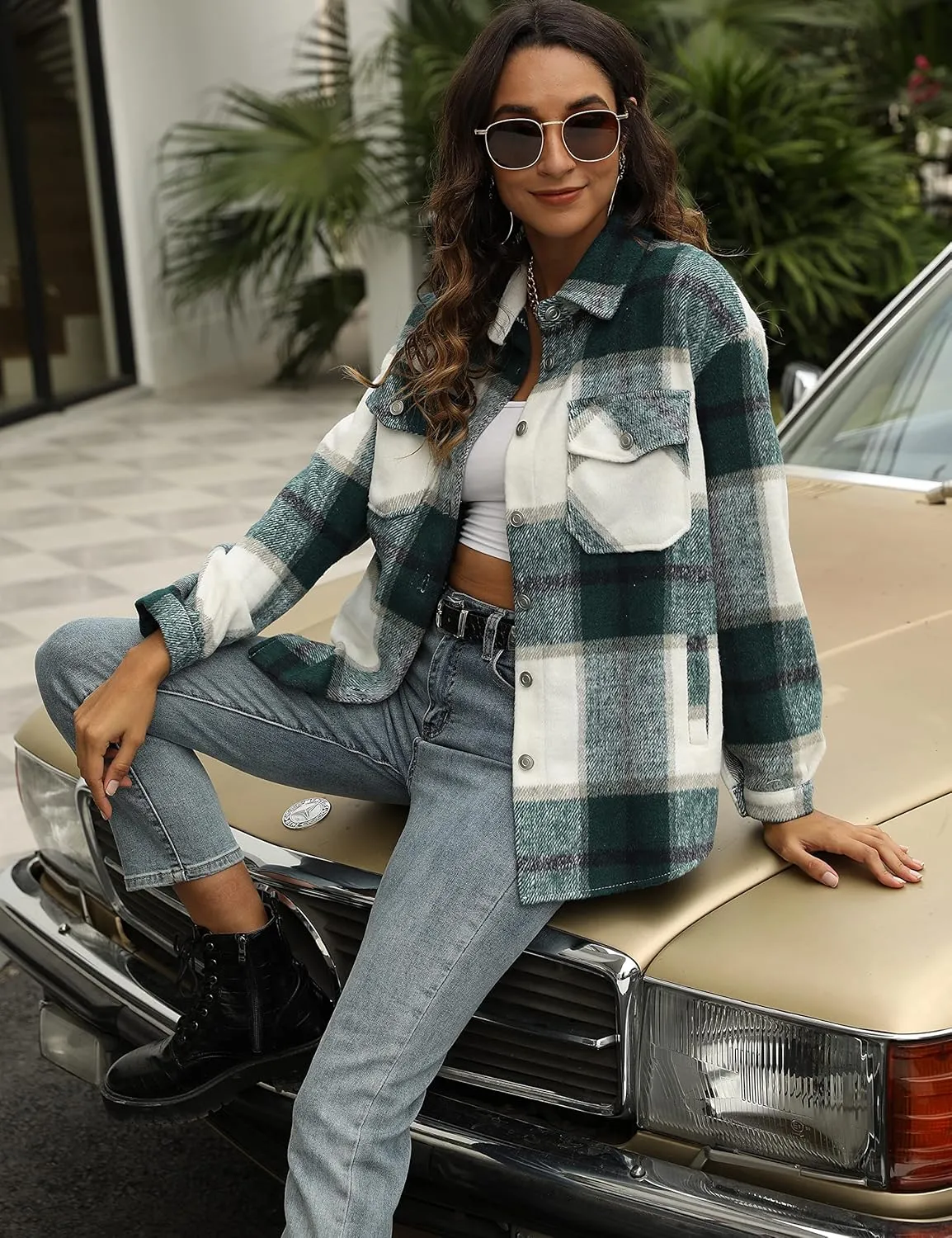 Tanming Womens Flannel Plaid Shacket Wool Blend Button Down Shirt Fall Fashion Jacket