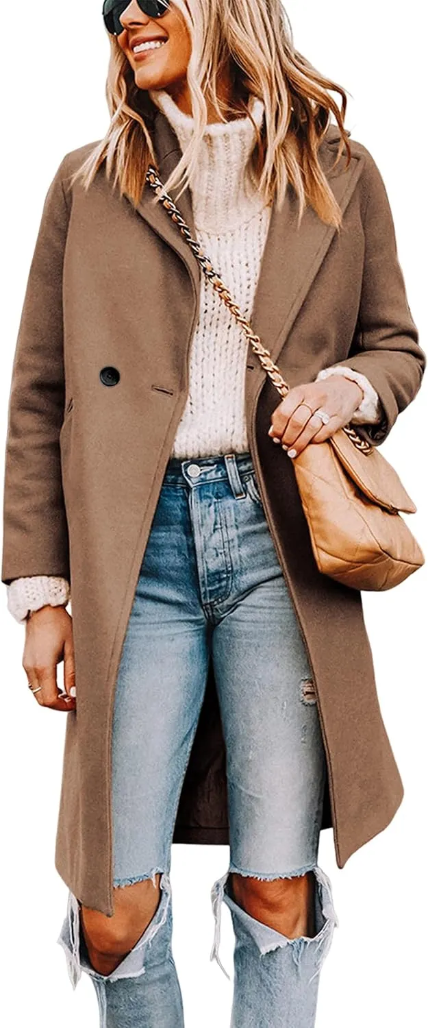 Tanming Women's Notch Lapel Double Breasted Wool Blend Mid Long Pea Trench Coat