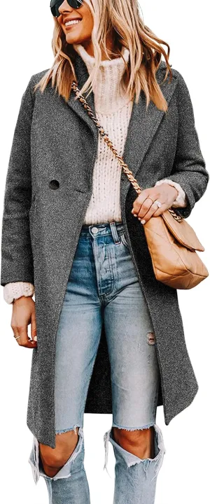 Tanming Women's Notch Lapel Double Breasted Wool Blend Mid Long Pea Trench Coat