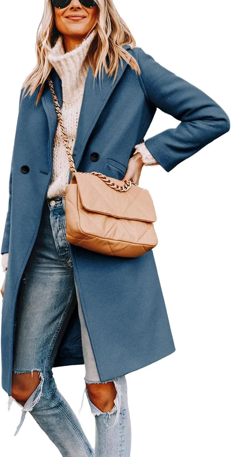 Tanming Women's Notch Lapel Double Breasted Wool Blend Mid Long Pea Trench Coat