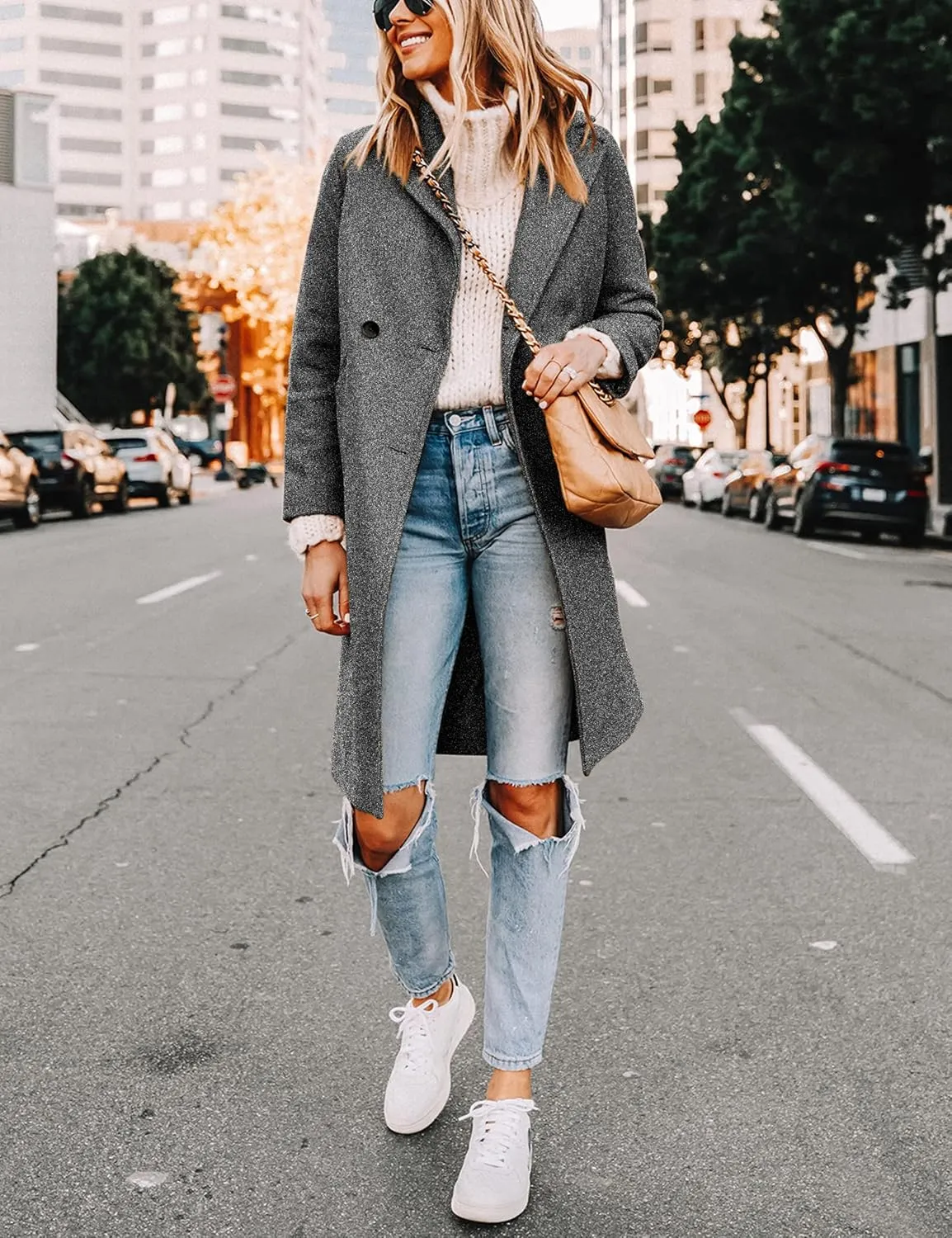 Tanming Women's Notch Lapel Double Breasted Wool Blend Mid Long Pea Trench Coat